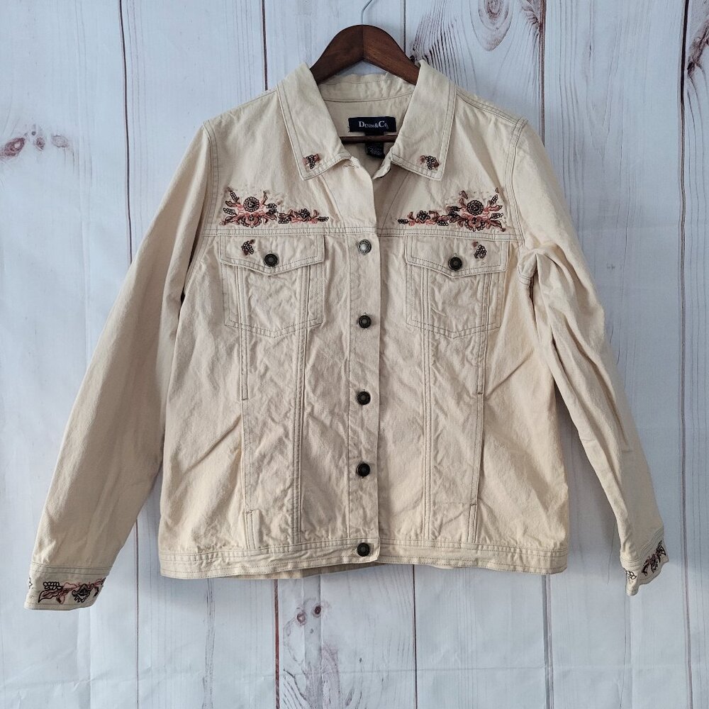 Vintage Denim & Co Women’s L Beaded Embroidered 100% Cotton Button Down Jean